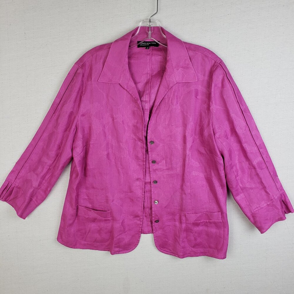 Jones NY Collection 100% Linen Blazer Jacket Lightweight Floral Pink size 12